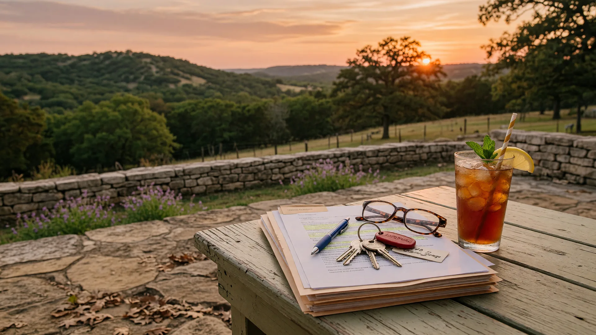 A Texas Hill Country home closing table with a stack of documents and house keys on a limestone patio at golden hour
