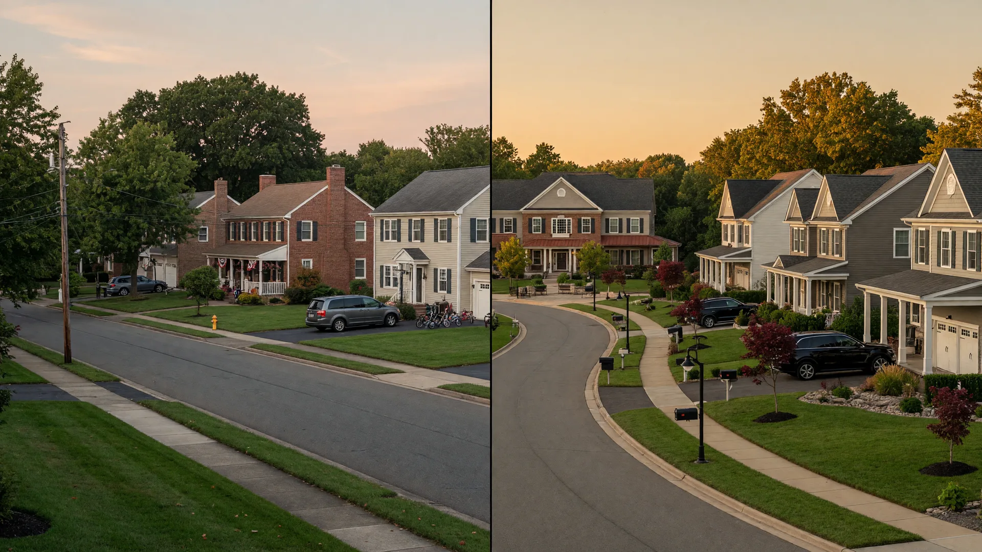 Split-screen comparison of a brick and vinyl colonial residential street in Mount Laurel and a newer, more upscale Voorhees neighborhood with a town center building
