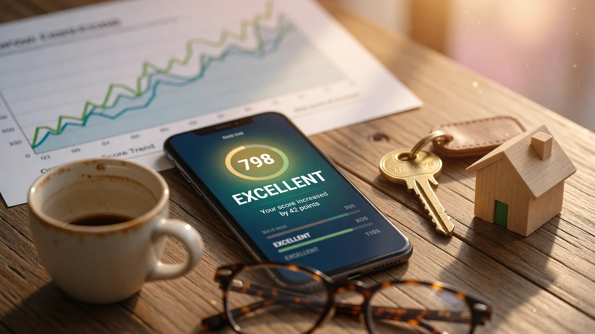 Smartphone showing an excellent credit score next to a house key, coffee, and reading glasses on a desk