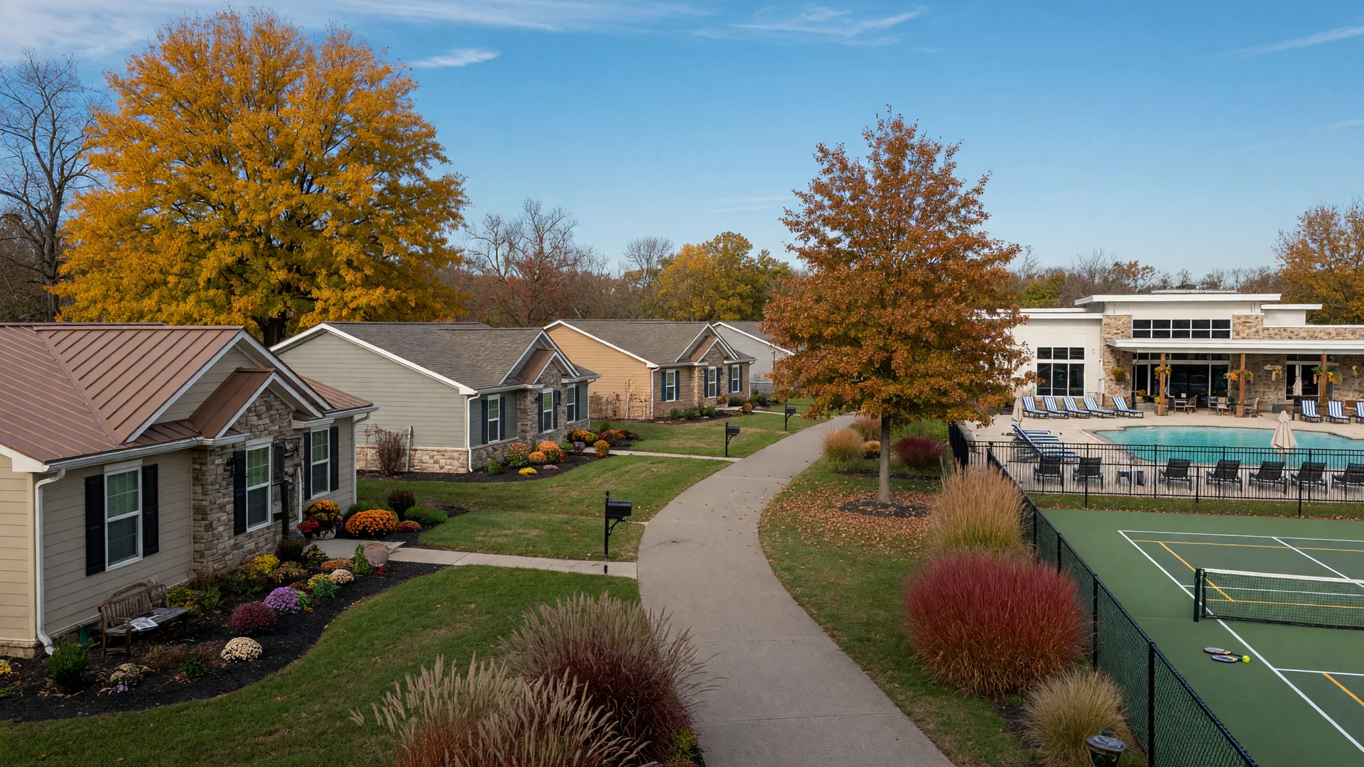 An upscale 55+ active-adult community in the Indianapolis suburbs on a crisp autumn afternoon, with ranch homes, a clubhouse and pool, and fall foliage