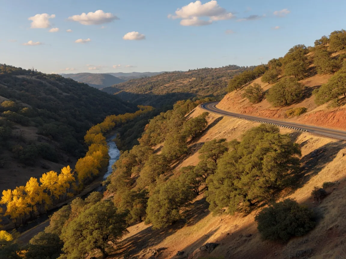 Golden Sierra Nevada foothills along Highway 140 between Mariposa and Midpines in mid-October, oak-dotted hillsides showing touches of autumn bronze, yellow cottonwoods lining the Merced River canyon below the highway