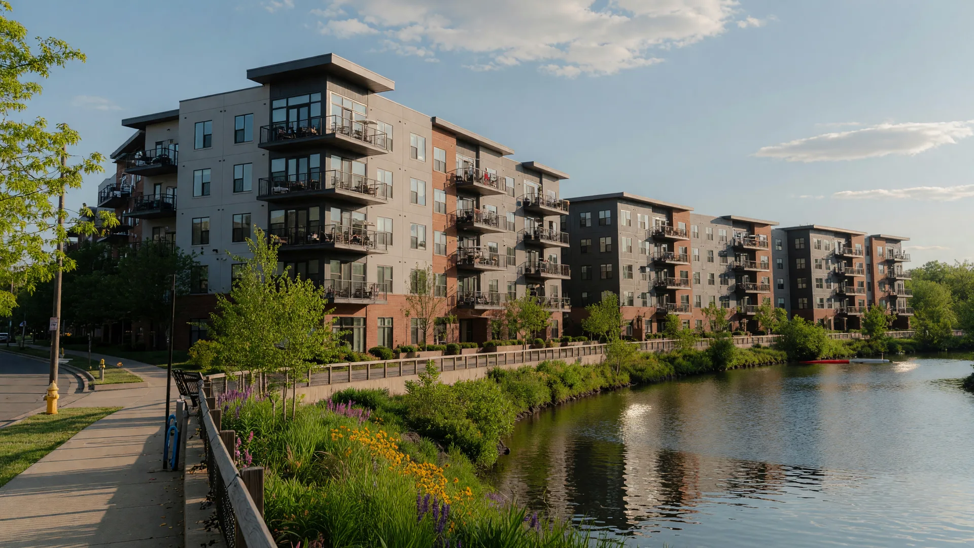 Modern riverfront condominiums along the Schuylkill River in Phoenixville