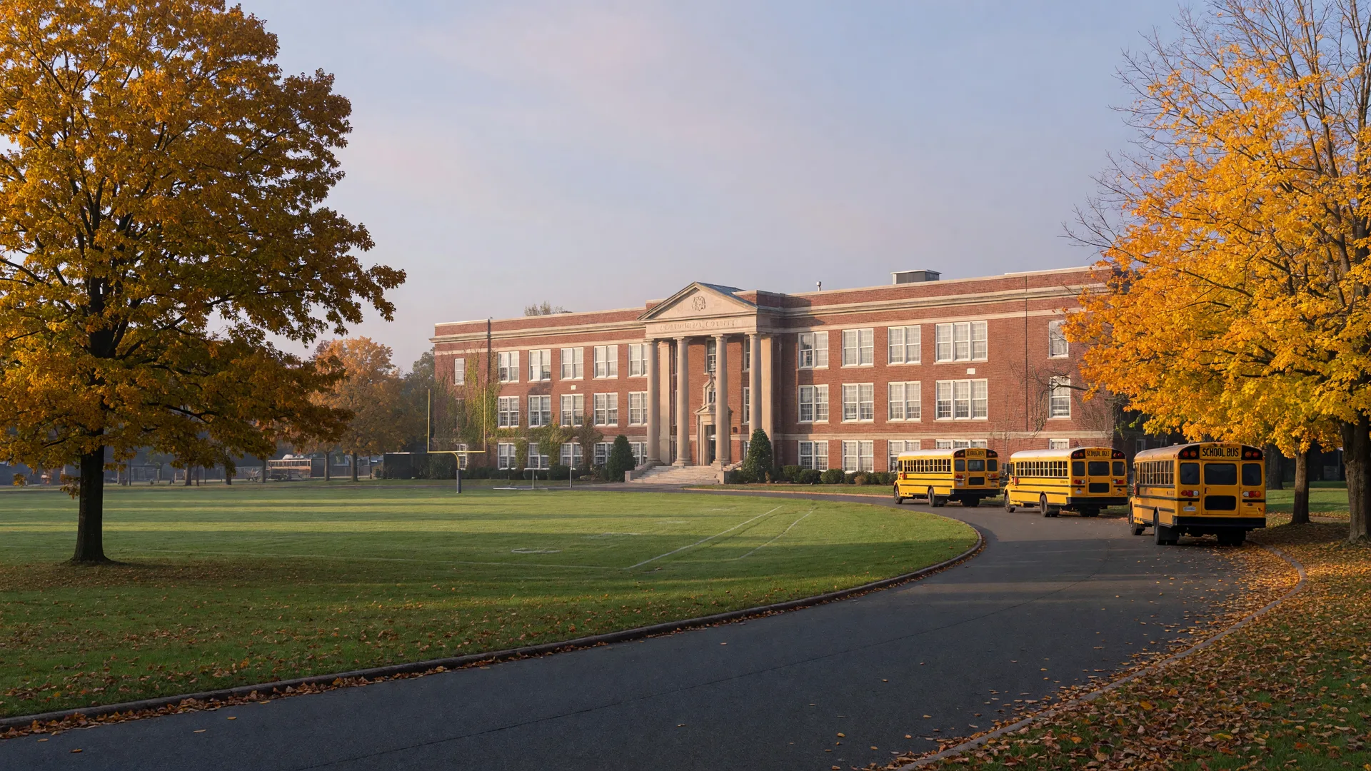 A classic brick high school campus in Burlington County with green athletic fields and autumn trees on a crisp morning