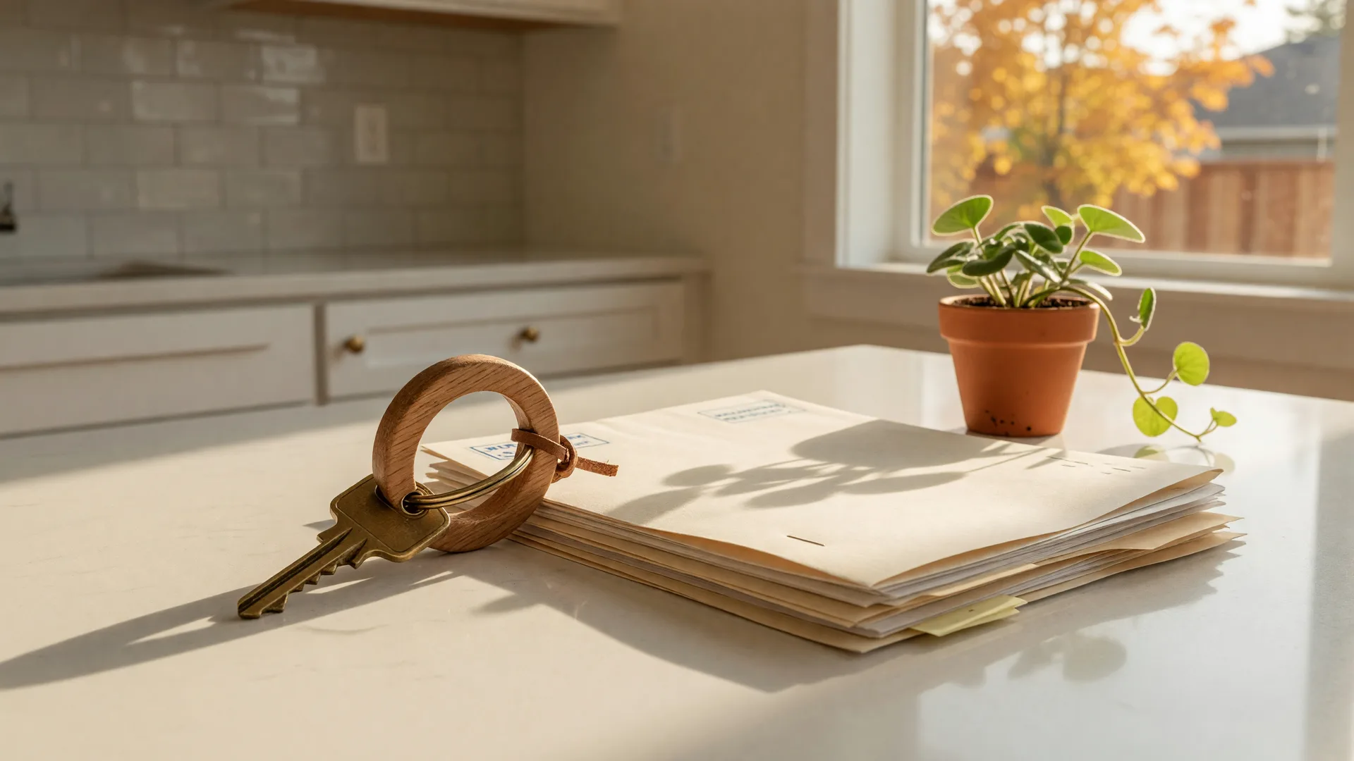 A polished house key on a wooden ring resting on a bright kitchen counter beside folded closing documents, soft autumn afternoon light through a window