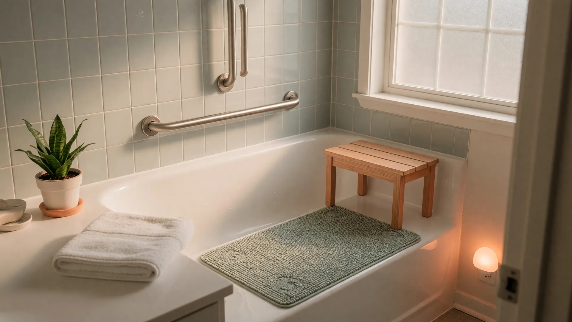 A bright senior-friendly bathroom with a grab bar, non-slip bath mat, and bench in warm morning light