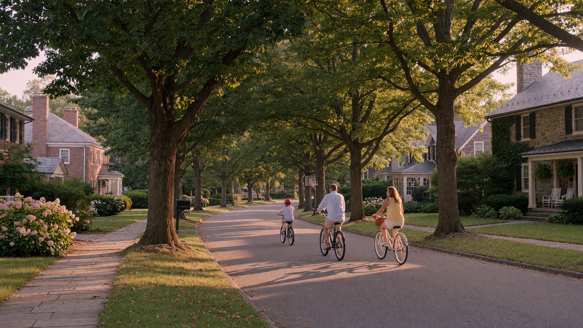 A peaceful tree-lined residential street in Rydal PA on a late-summer afternoon with golden-hour light, mature oaks arching overhead, and a family on bicycles in the distance
