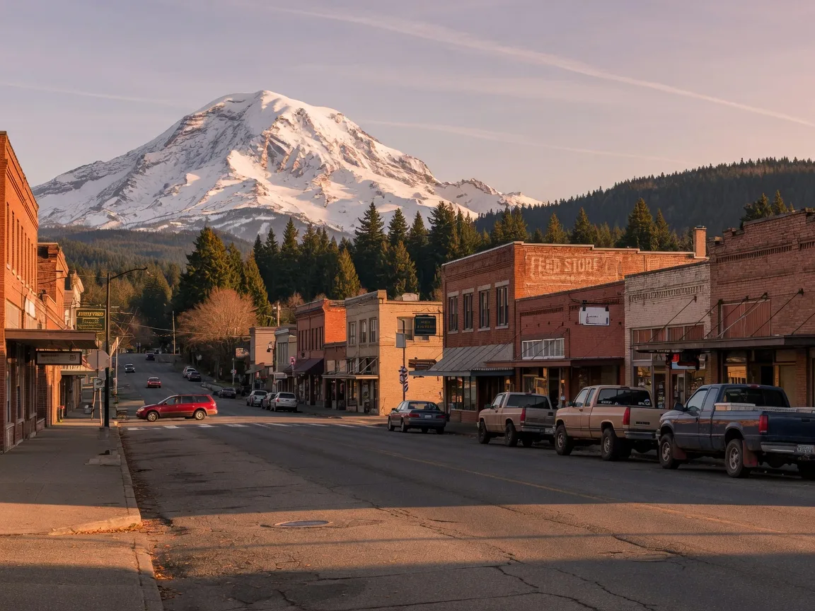 Historic downtown Enumclaw, Washington with Mount Rainier rising behind it