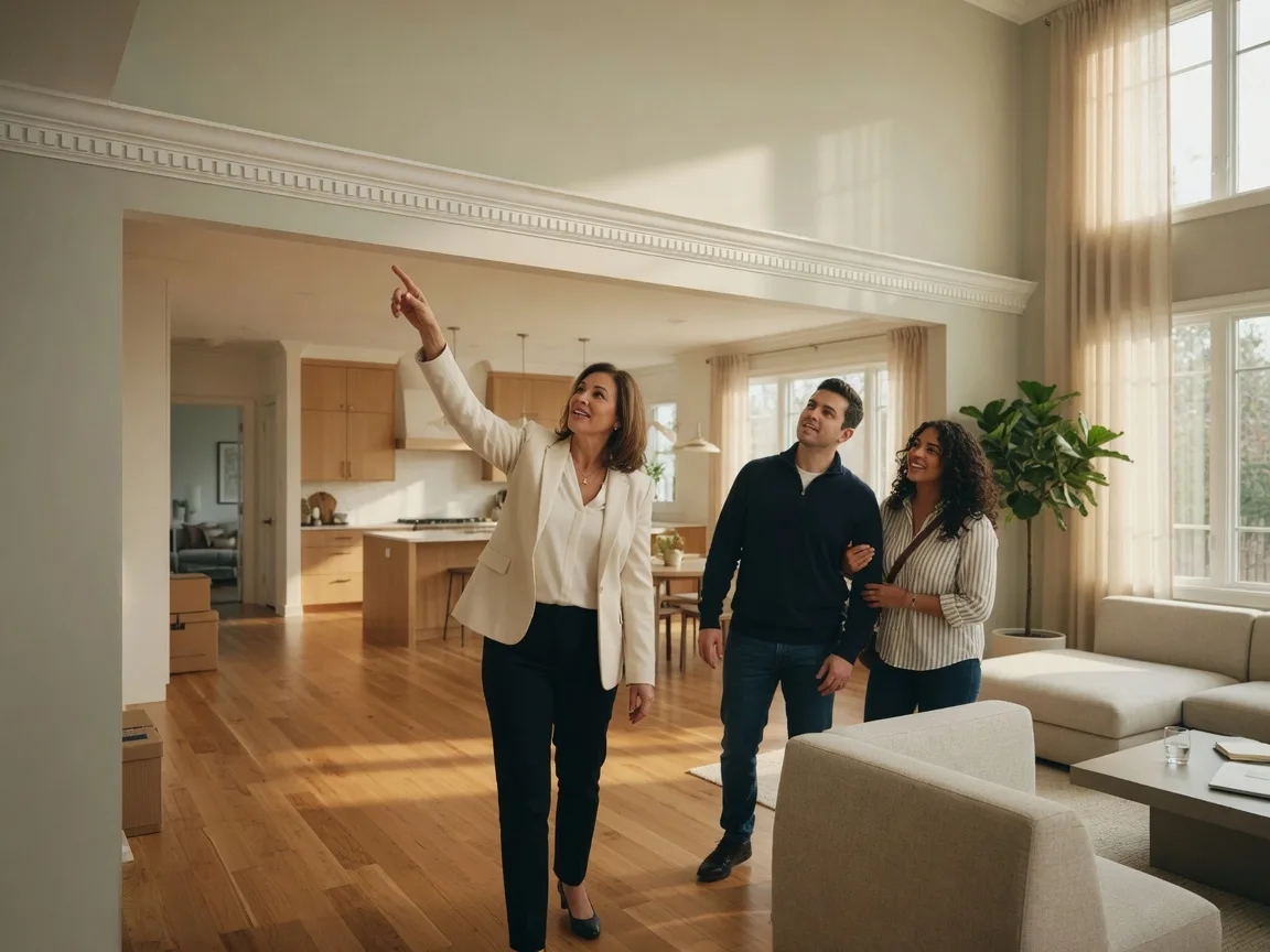 Real estate agent guiding clients through a home tour, pointing out important details
