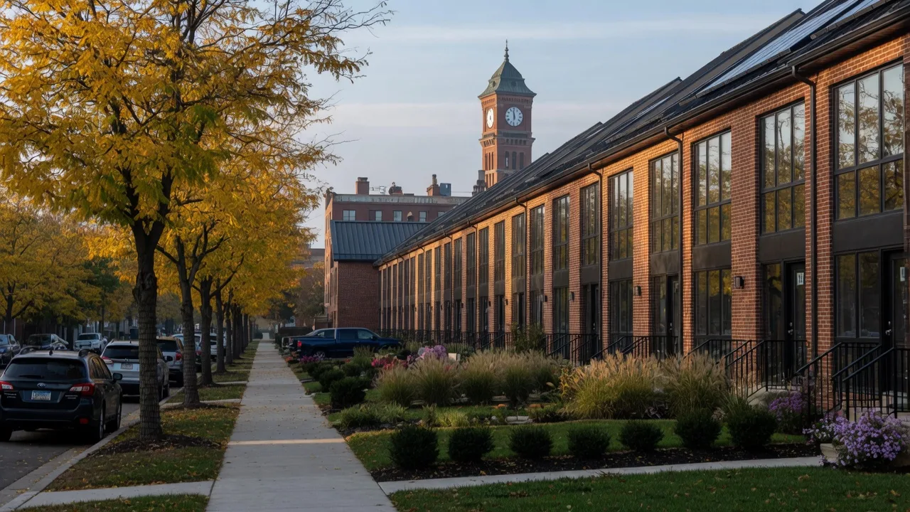 A row of brand-new brick and glass townhomes on a Cleveland Ohio City street on a crisp late-October morning, with the West Side Market clock tower rising in the hazy distance beyond the rooftops and golden fall elms along the sidewalk