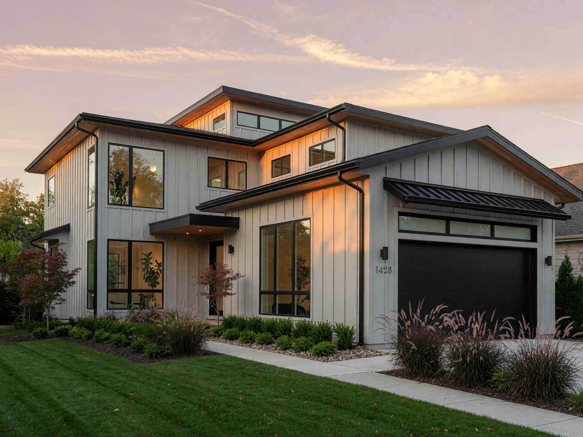 A sunlit modern residence with limestone and white stucco in a leafy suburb