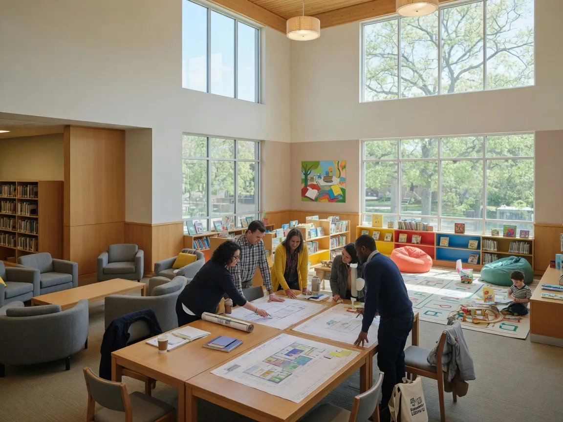 A modern library community room with large windows, warm wood accents, and community members gathered around tables reviewing architectural plans and blueprints