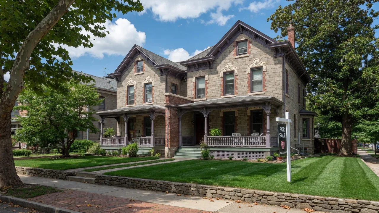 Beautiful stone Victorian twin home in Mt. Airy with a For Sale sign, manicured lawn, and mature trees