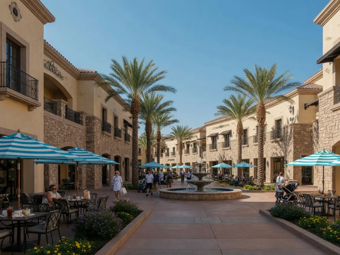 The District at Green Valley Ranch, a walkable open-air village center with dining patios and a fountain in Henderson