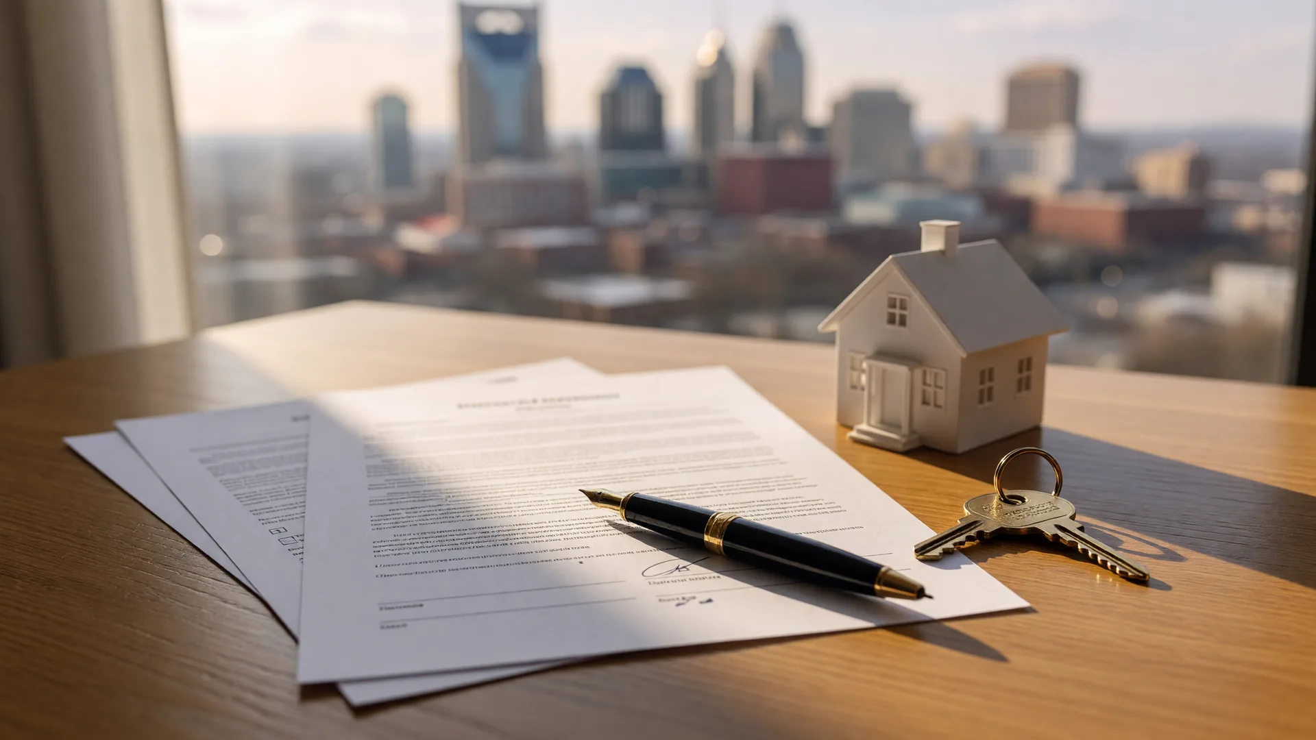 Real estate purchase agreement on a desk with a pen and house key