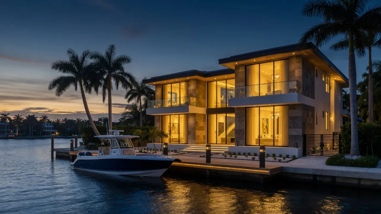Brand-new luxury waterfront home glowing at dusk with a private dock in South Florida
