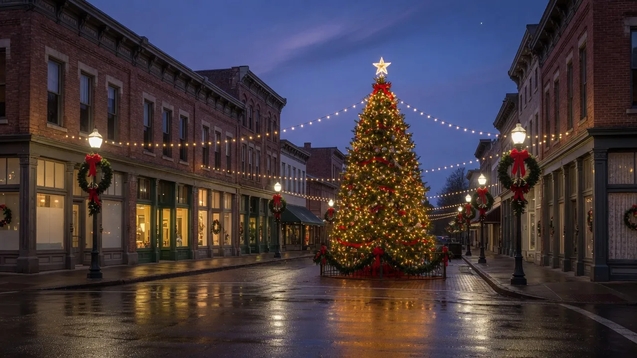A glowing community Christmas tree and holiday lights on historic downtown storefronts and lampposts in Albany, Oregon, at dusk