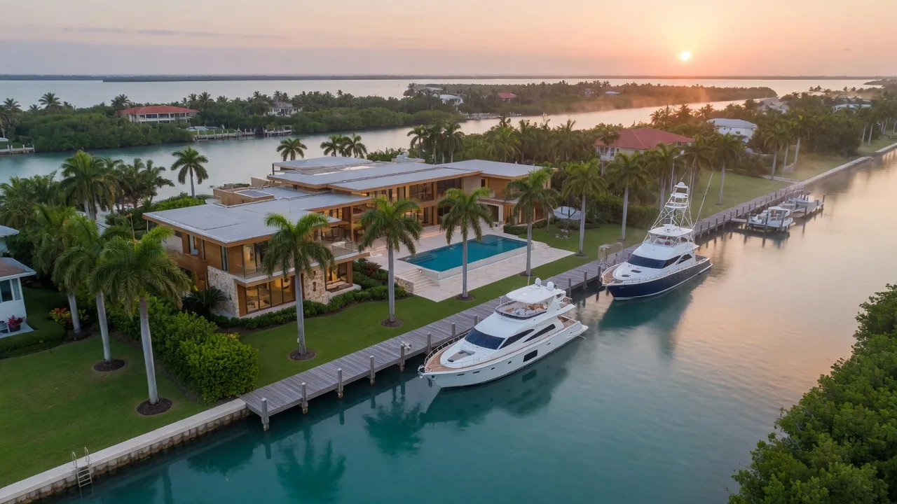 Aerial view of a grand multi-generational waterfront estate in the Upper Florida Keys at sunrise with two yachts at a private dock
