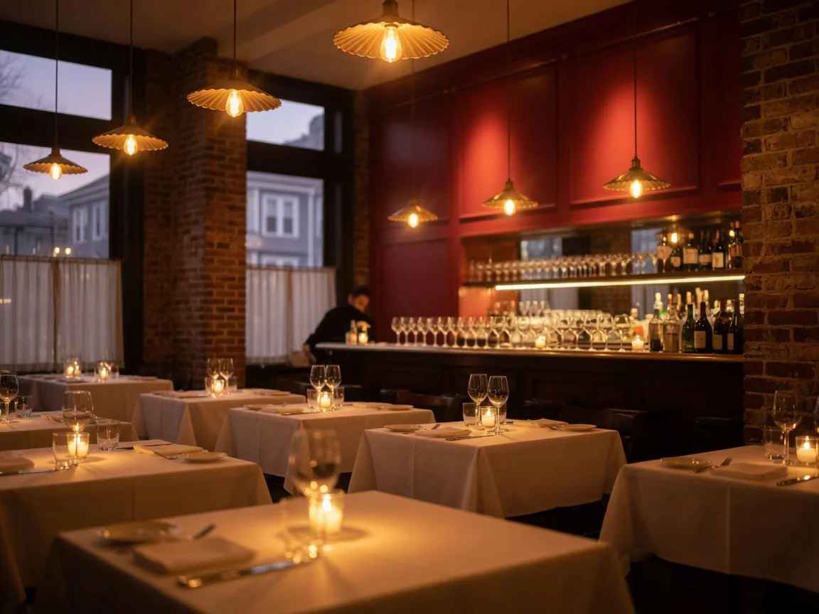 Candlelit tables and warm brass lighting inside an upscale Georgetown restaurant at dusk