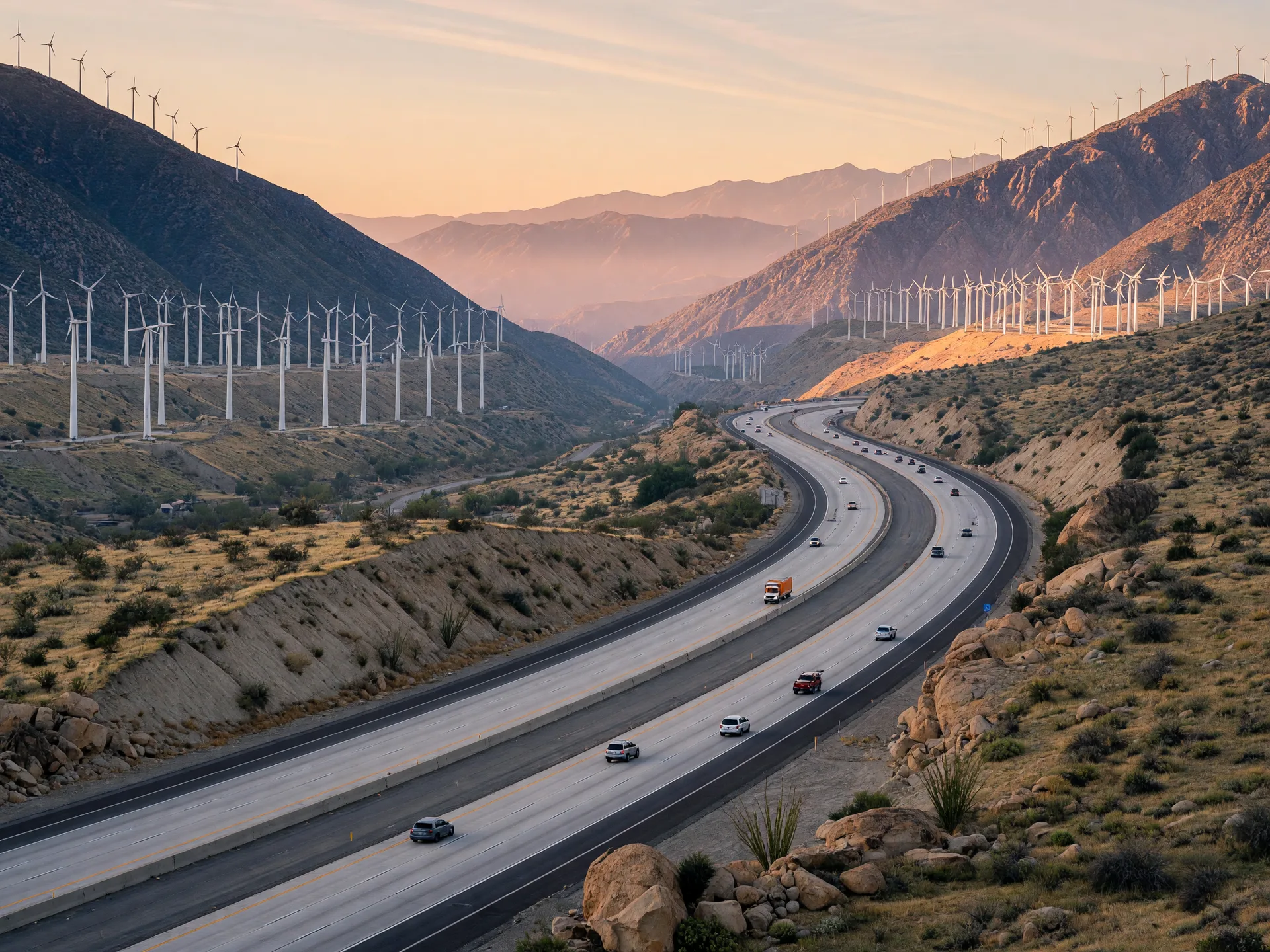 Interstate 10 winding through the San Gorgonio Pass between two mountain ranges at dawn