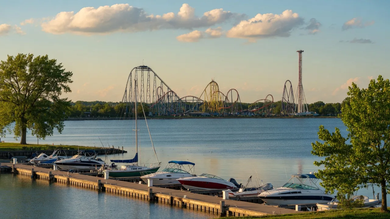 Lake Erie shoreline with Cedar Point roller coasters in the distance, Sandusky Ohio