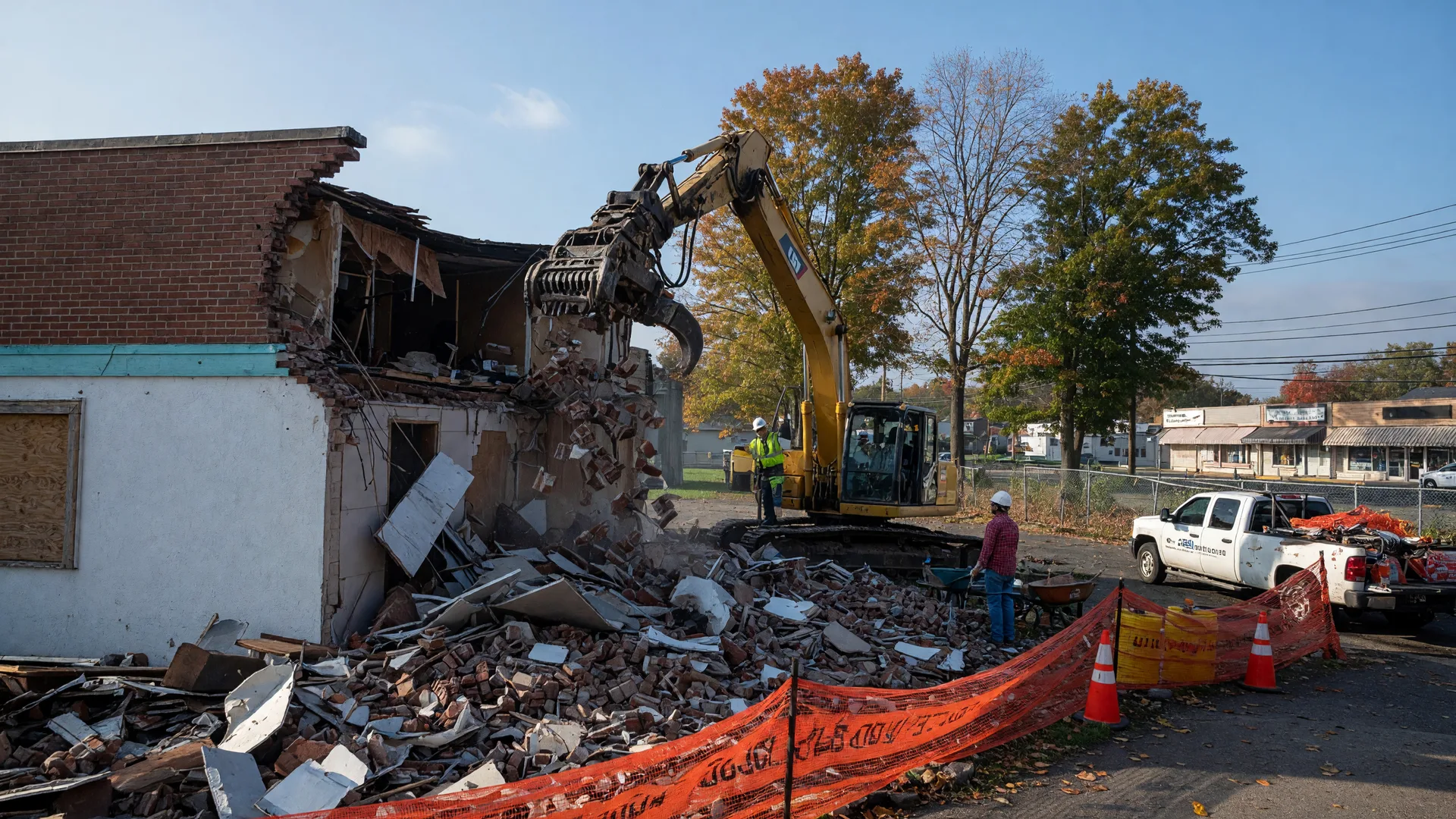 A demolition crew and excavator working at the former Essex House restaurant site at 525 Northfield Avenue in West Orange NJ, with rubble, orange safety fencing, and autumn trees
