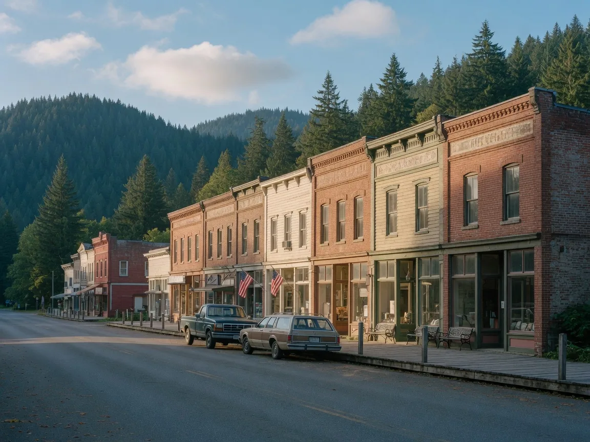 Historic main street of Black Diamond, Washington with evergreen hills behind