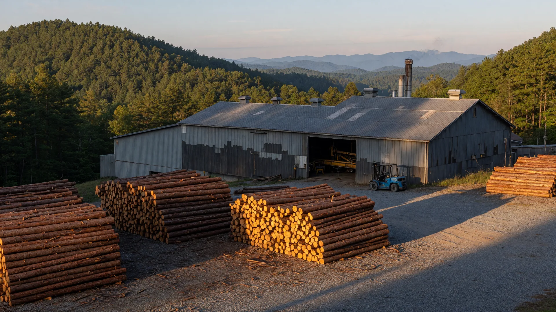 Working sawmill with stacked pine logs in a yard set among North Georgia foothills on a clear fall morning