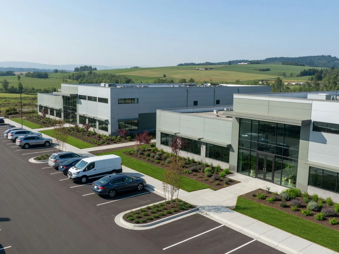 Modern light-industrial and office buildings with glass entrances on a landscaped business park near Sherwood