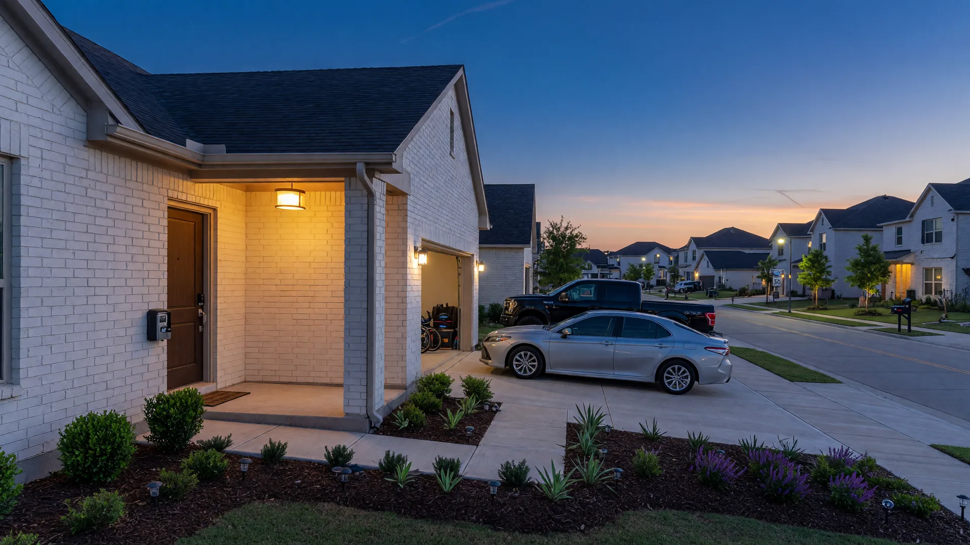 A modern white-brick Texas home at dusk with a warm porch light and a key lockbox on the front door