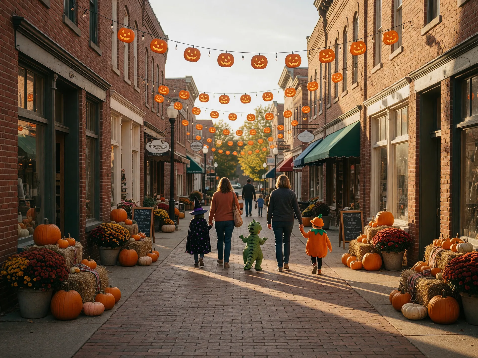 Young trick-or-treaters in costumes strolling a downtown street lined with pumpkins, hay bales, and fall decor