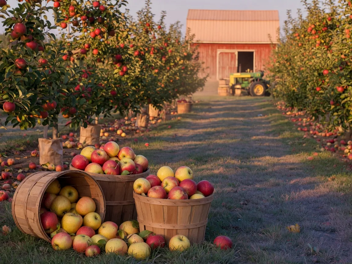 Golden-hour rows of apple trees at a Northwest Indiana u-pick orchard with woven baskets of apples in the foreground