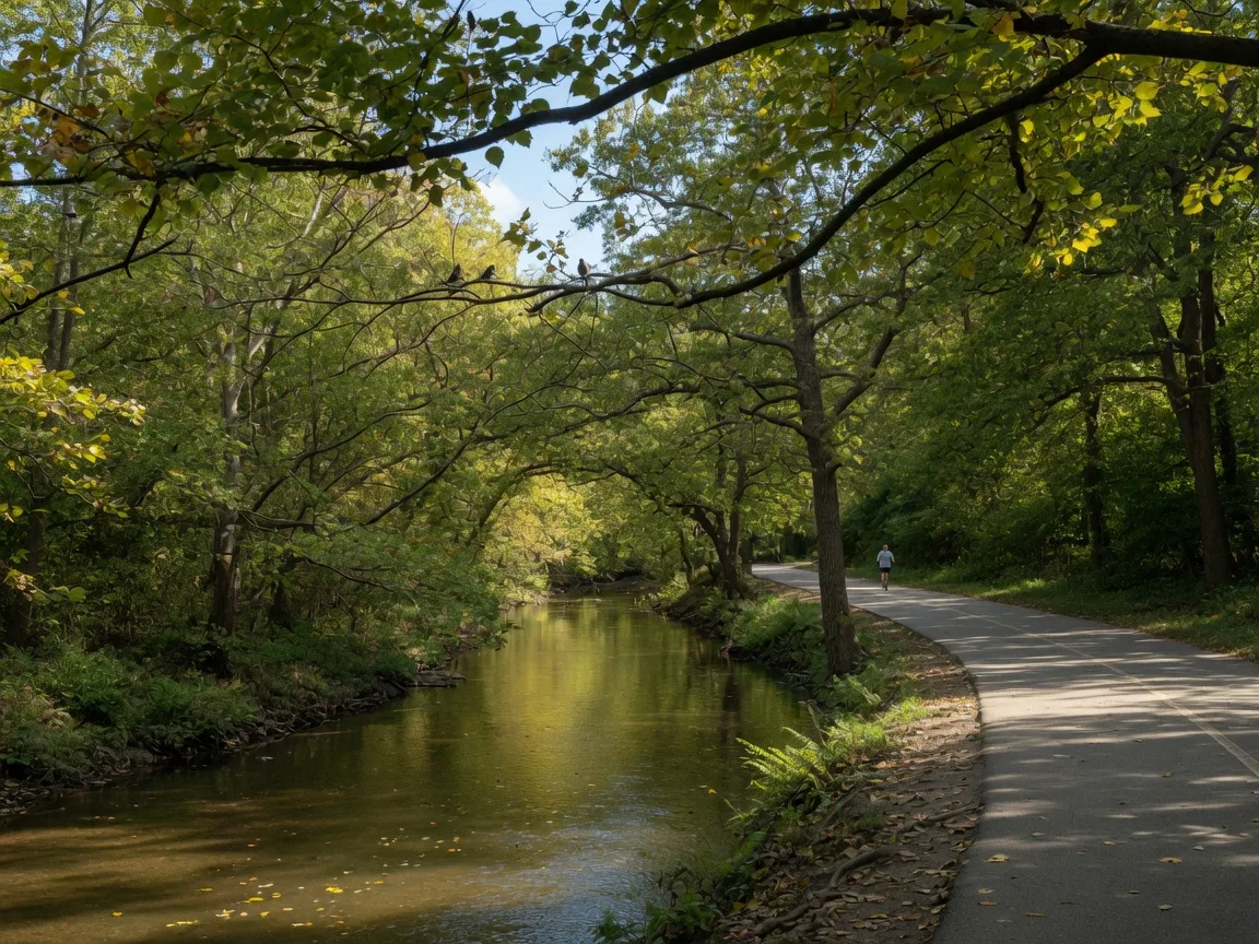 The Pennypack Creek and its paved multi-use trail winding through Pennypack Park in Northeast Philadelphia
