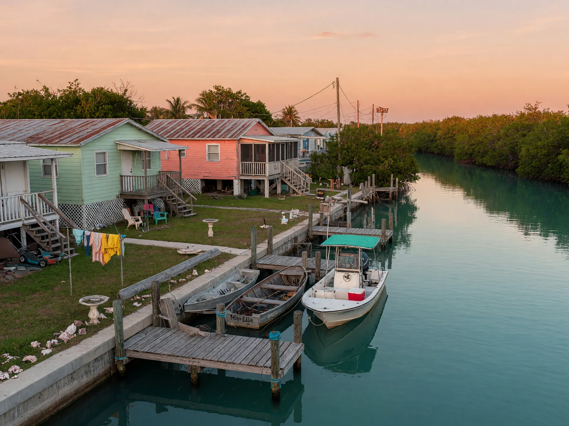A quiet tree-lined residential canal in the Upper Florida Keys in late afternoon light, elevated metal-roofed houses on small lots with weathered wooden docks and small boats moored along the seawall, mangroves across the canal