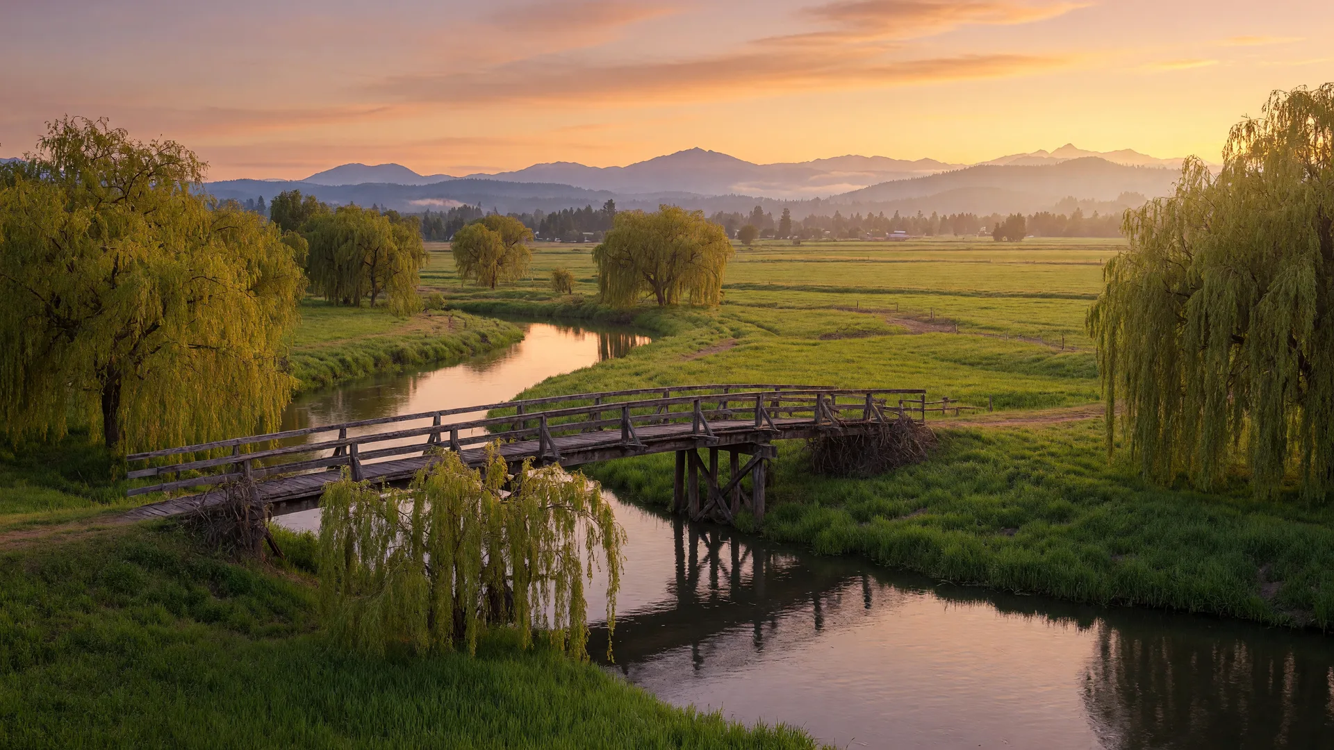 Willamette Valley river at golden hour with willow trees