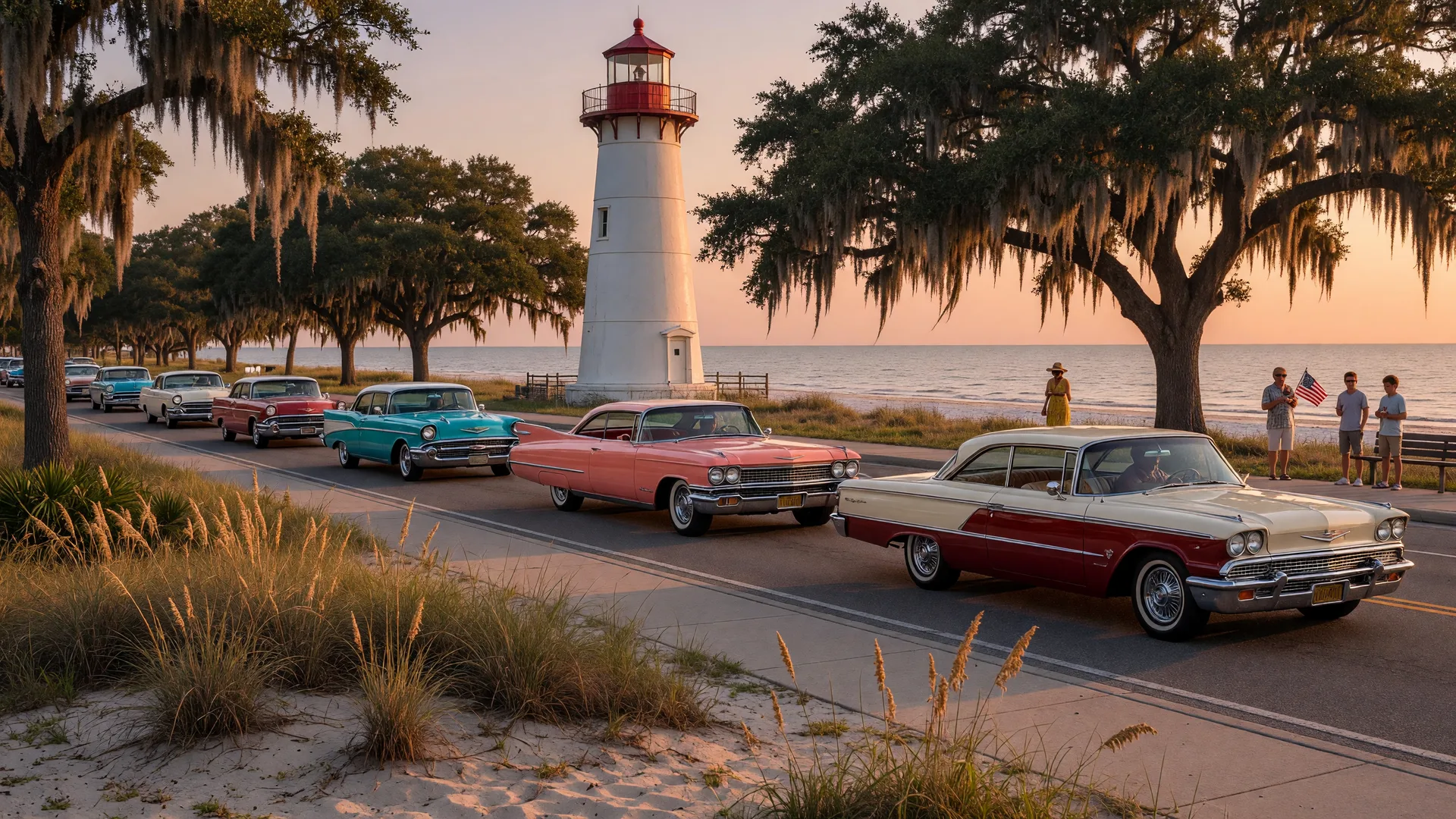 Classic cars cruising along Beach Boulevard past a white lighthouse, with live oaks draped in Spanish moss, sea oats, and sand dunes in the foreground