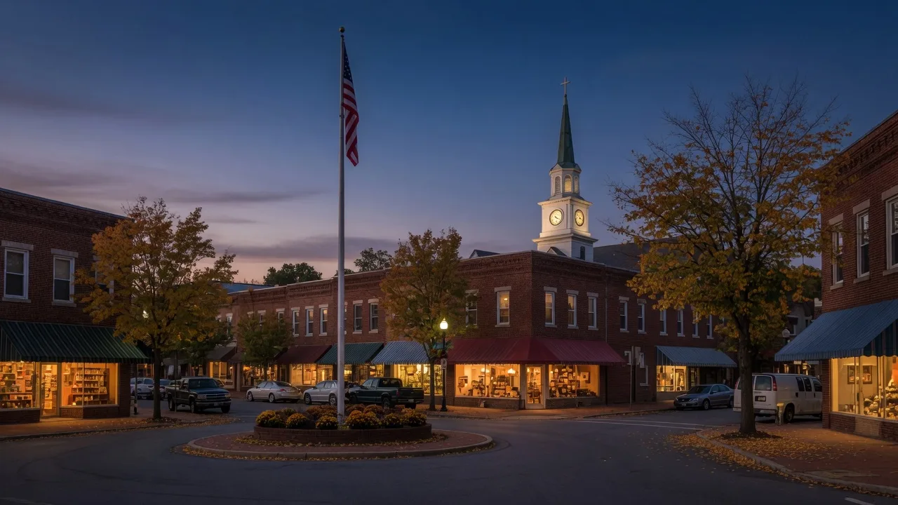 Nazareth's downtown circle at Main and Center Streets at dusk in late September, the flagpole at the center, brick storefronts glowing warmly, and autumn trees turning gold and rust