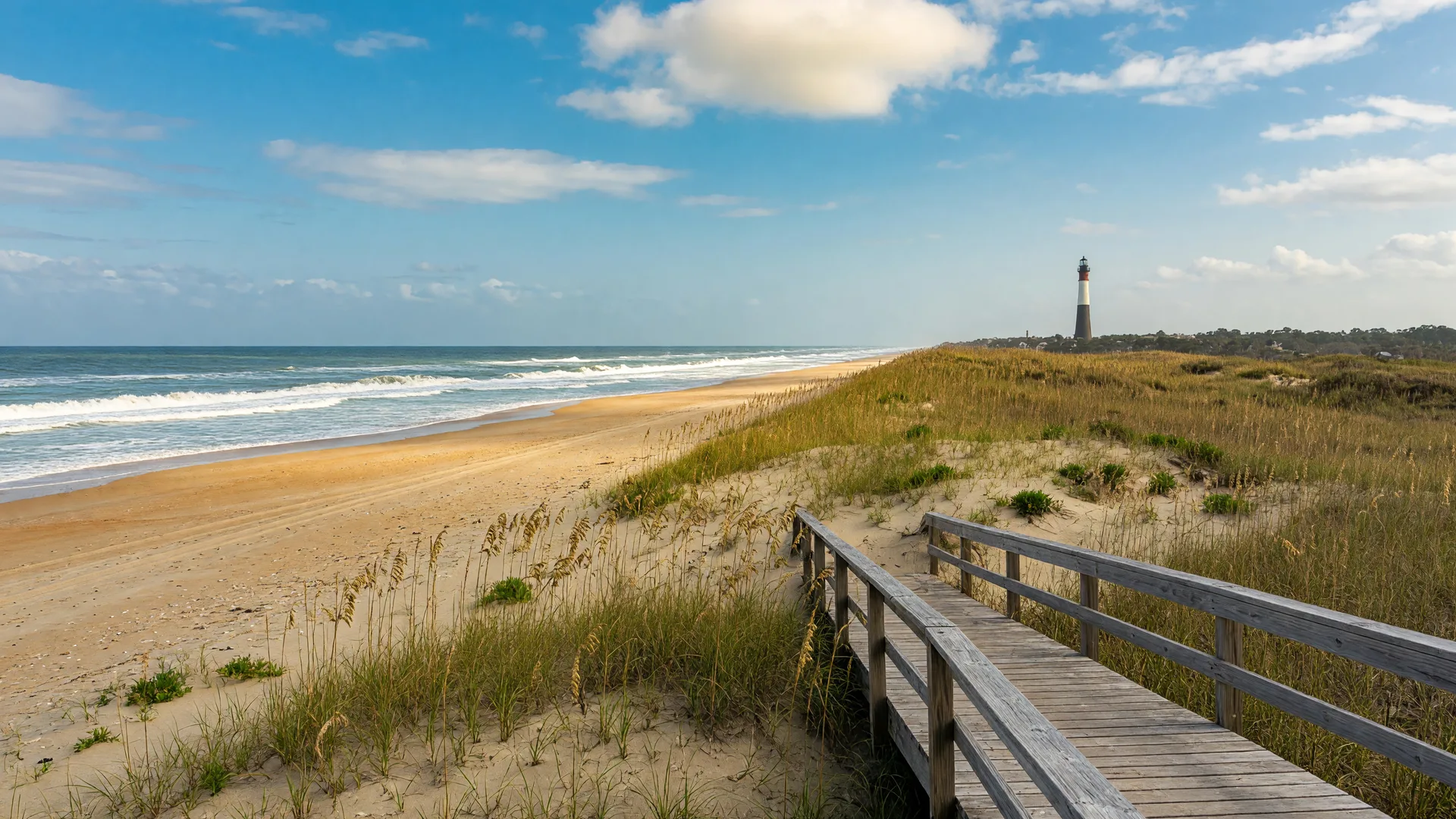 A Georgia coastal beach near Tybee Island with golden sand, surf, and a distant lighthouse