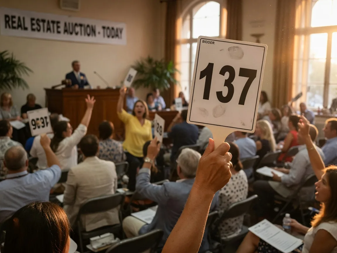 Raised white bidding paddle with a bidder number in a crowded auction room with warm natural light on a late summer afternoon