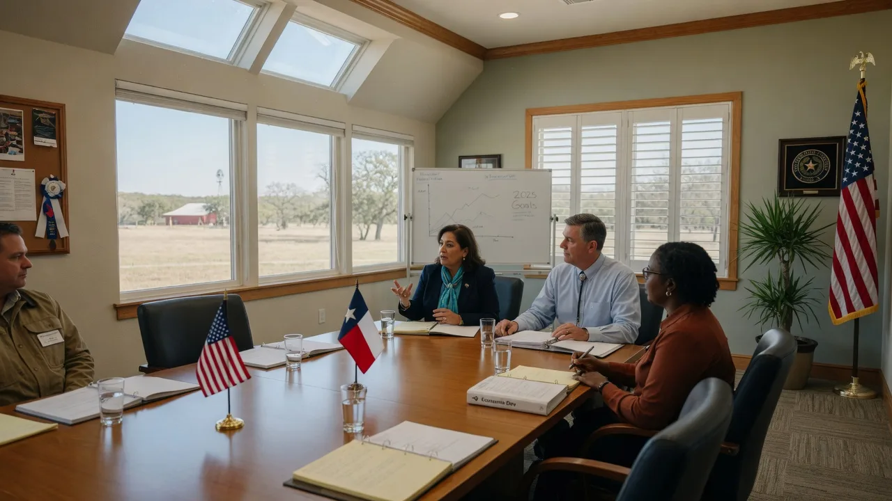 A polished wooden conference table in a modern rural Texas government office with notebooks, water glasses, and an American flag