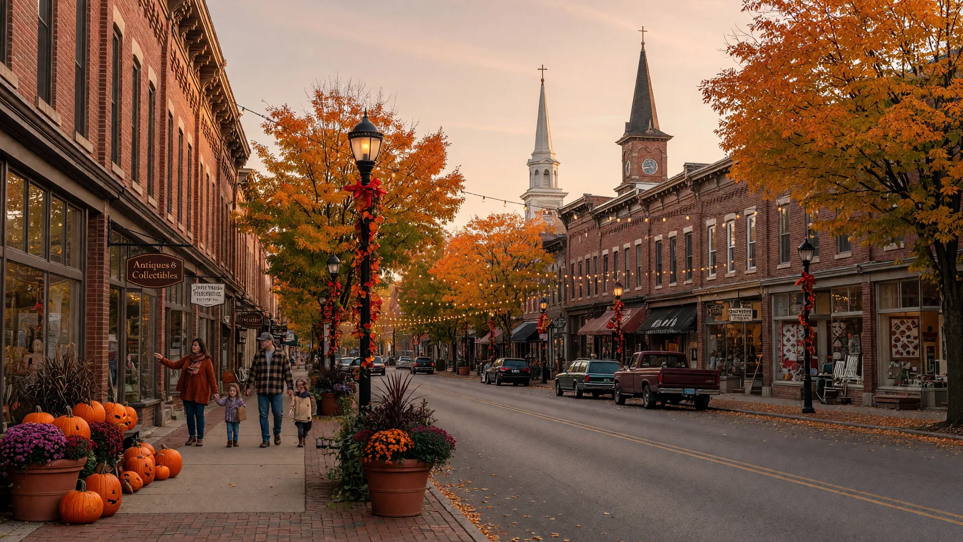 A warm late-October evening on a historic Ohio main street, preserved 19th-century brick storefronts and antique shops under maples turning orange and gold, early holiday string lights glowing between lampposts, pumpkins and mums along the sidewalk, and families strolling in the golden light