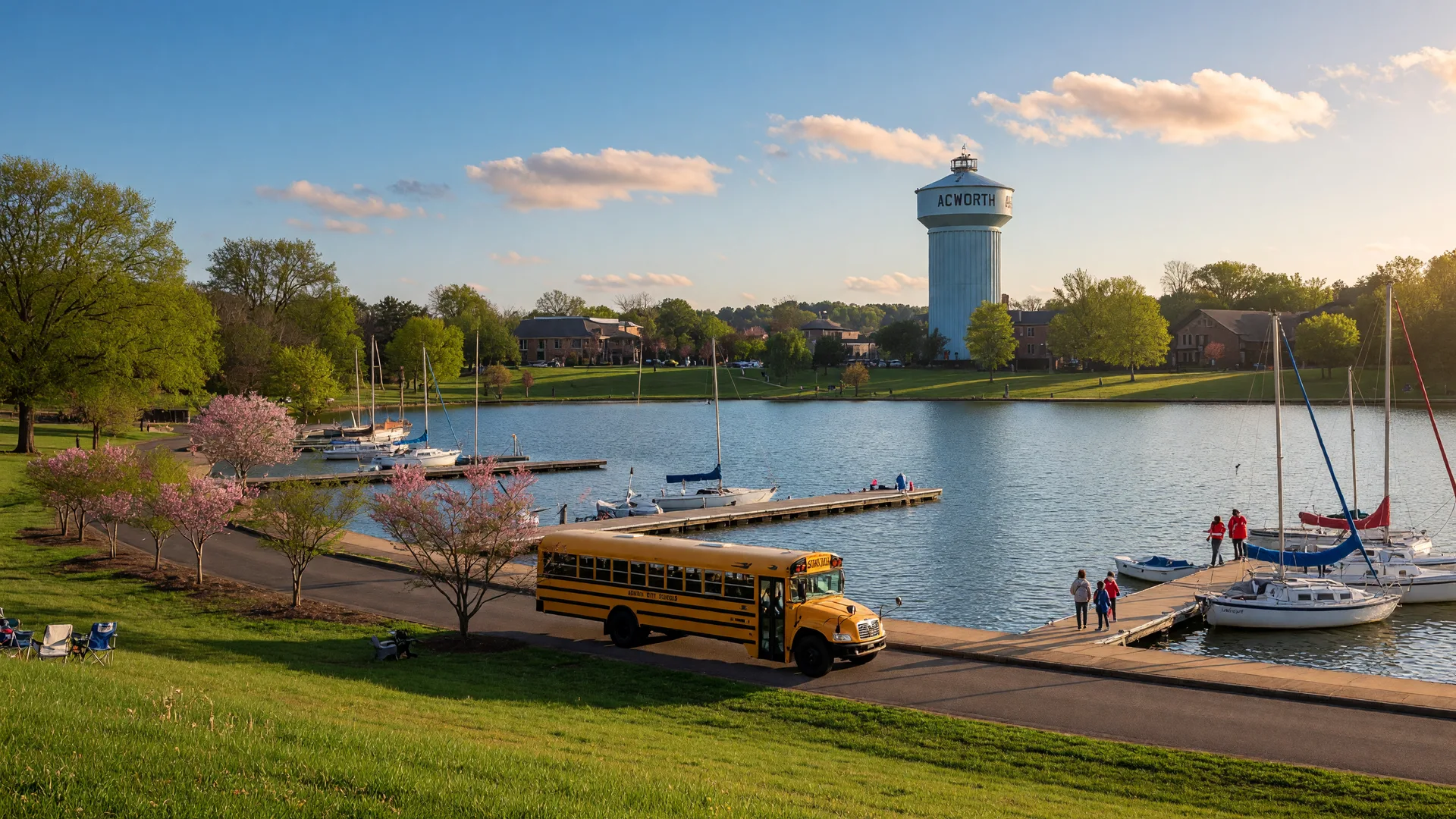 Lake Acworth on a spring morning with sailboats, Cauble Park, and a school bus along the lakeshore road representing the school district crossroads