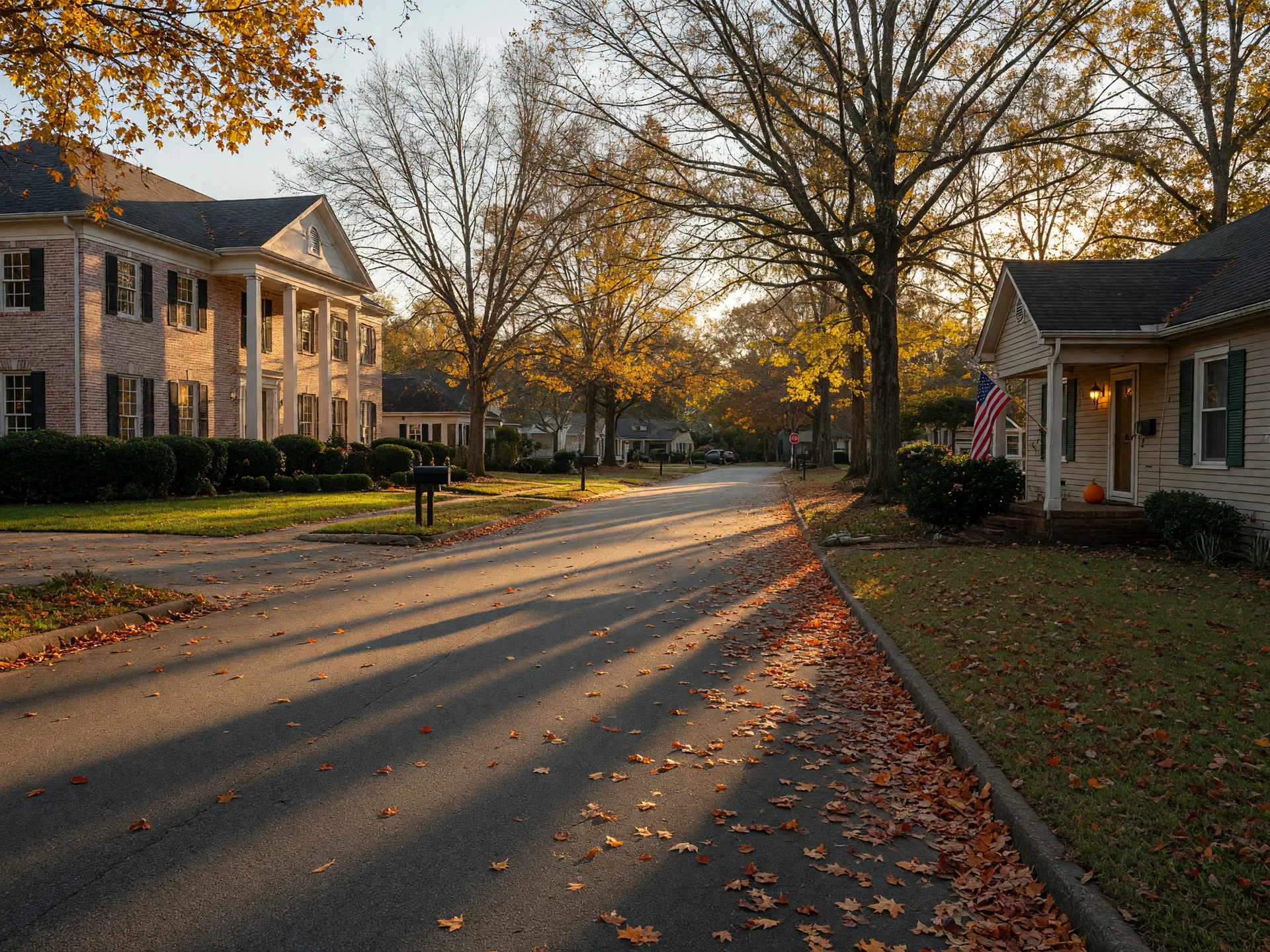 An autumn residential street in metro Atlanta at golden hour, with an elegant two-story brick luxury home on one side and a smaller traditional starter home on the other, capturing the two-track housing market.