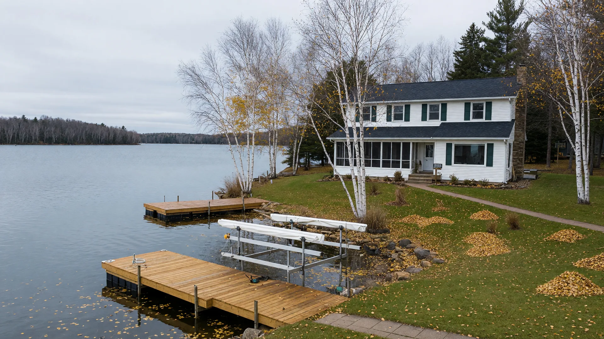 A well-kept lakefront home on a Minnesota lake in mid-fall with a sturdy dock and boat lift, calm water under soft overcast light