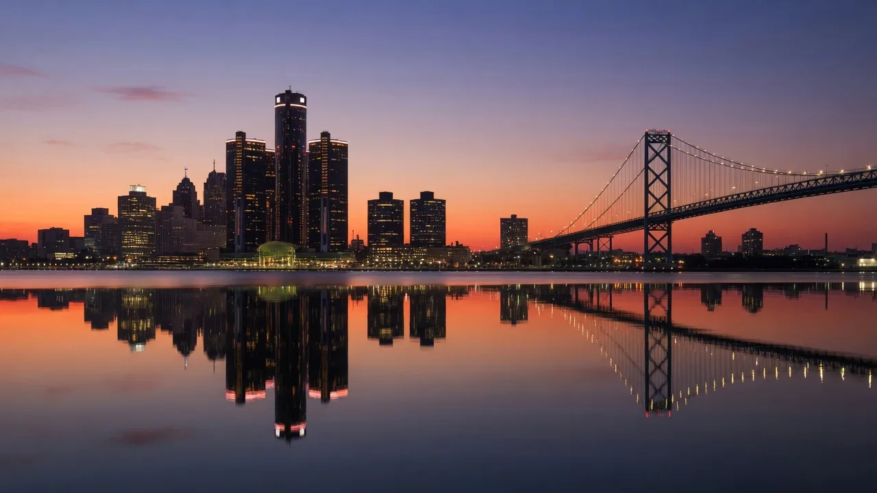 Detroit skyline at twilight from across the Detroit River with Renaissance Center