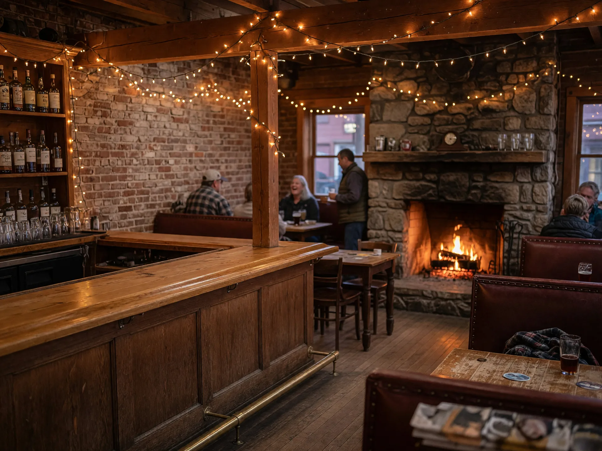Cozy interior of Branch House Tavern in Flowery Branch Georgia, warm wooden bar with fireplace and leather seating