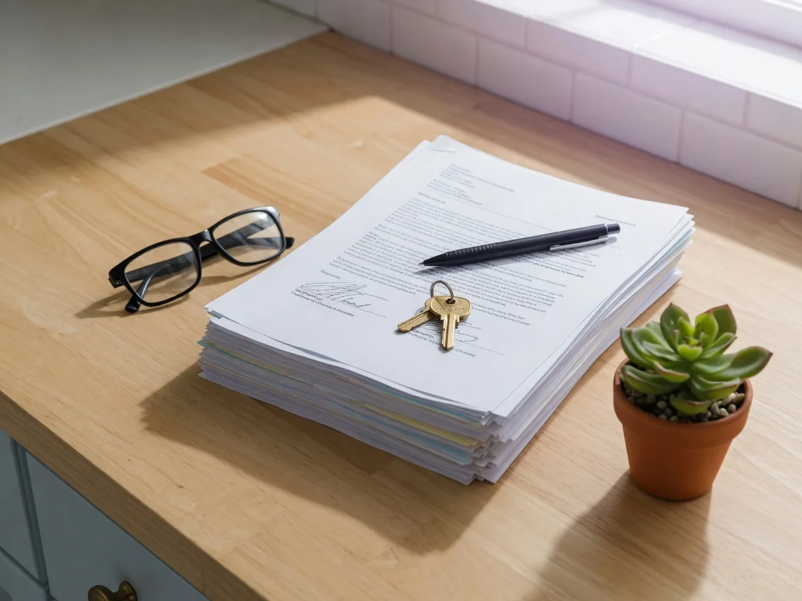A bright escrow closing scene on a light-wood kitchen table: a neatly stacked pile of signed closing and escrow documents, a black pen, a small brass house key on top of the papers, reading glasses, and a small potted succulent in soft window light