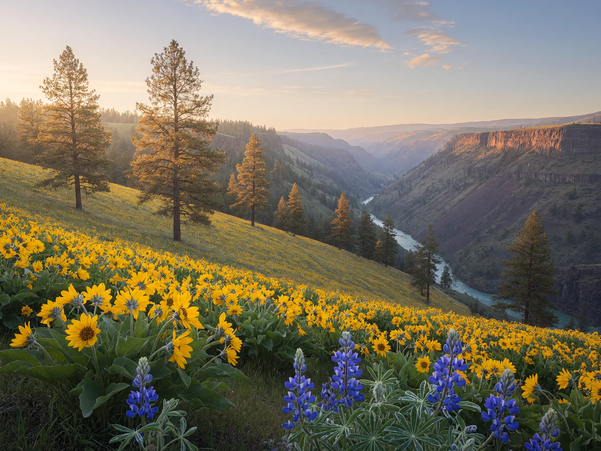 Golden balsamroot and blue lupine wildflowers on a high plateau above a river gorge in spring light
