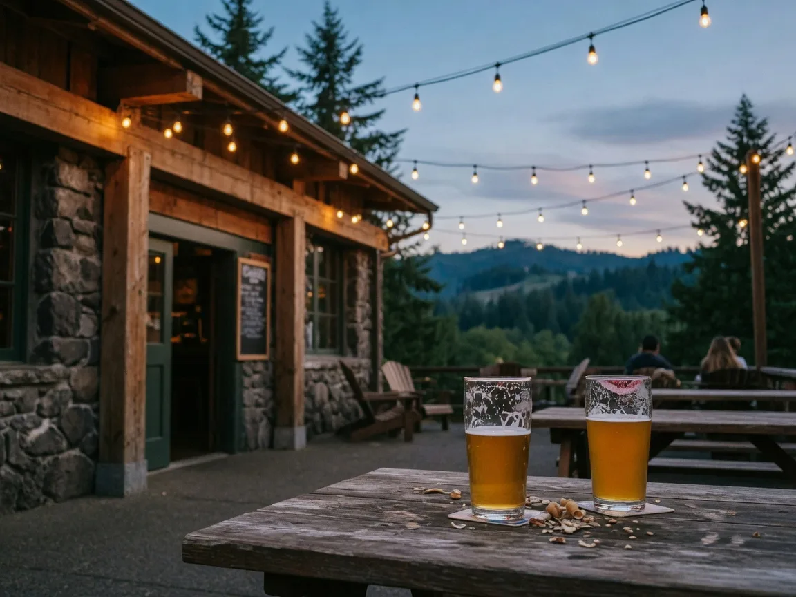 Amber beers in pint glasses on a wooden table outside a Pacific Northwest brewpub at dusk
