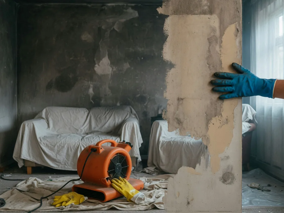 Living room during fire damage restoration with a technician assessing soot-cleared surfaces