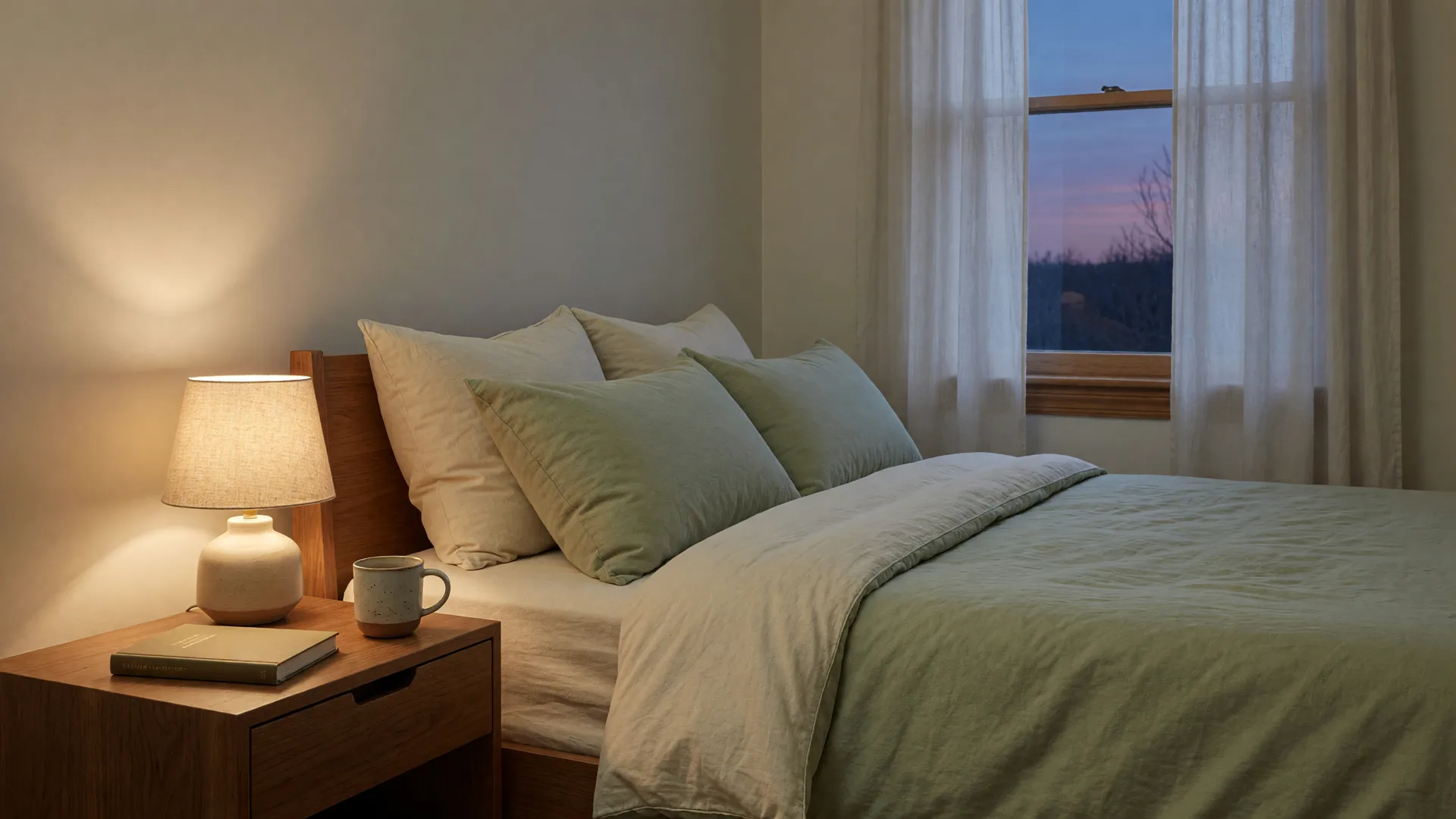 A peaceful bedroom at dusk with a softly glowing bedside lamp, rumpled linen bedding in muted sage and cream tones, a closed book and ceramic mug on a wooden nightstand, and sheer curtains at a tall window showing the evening sky